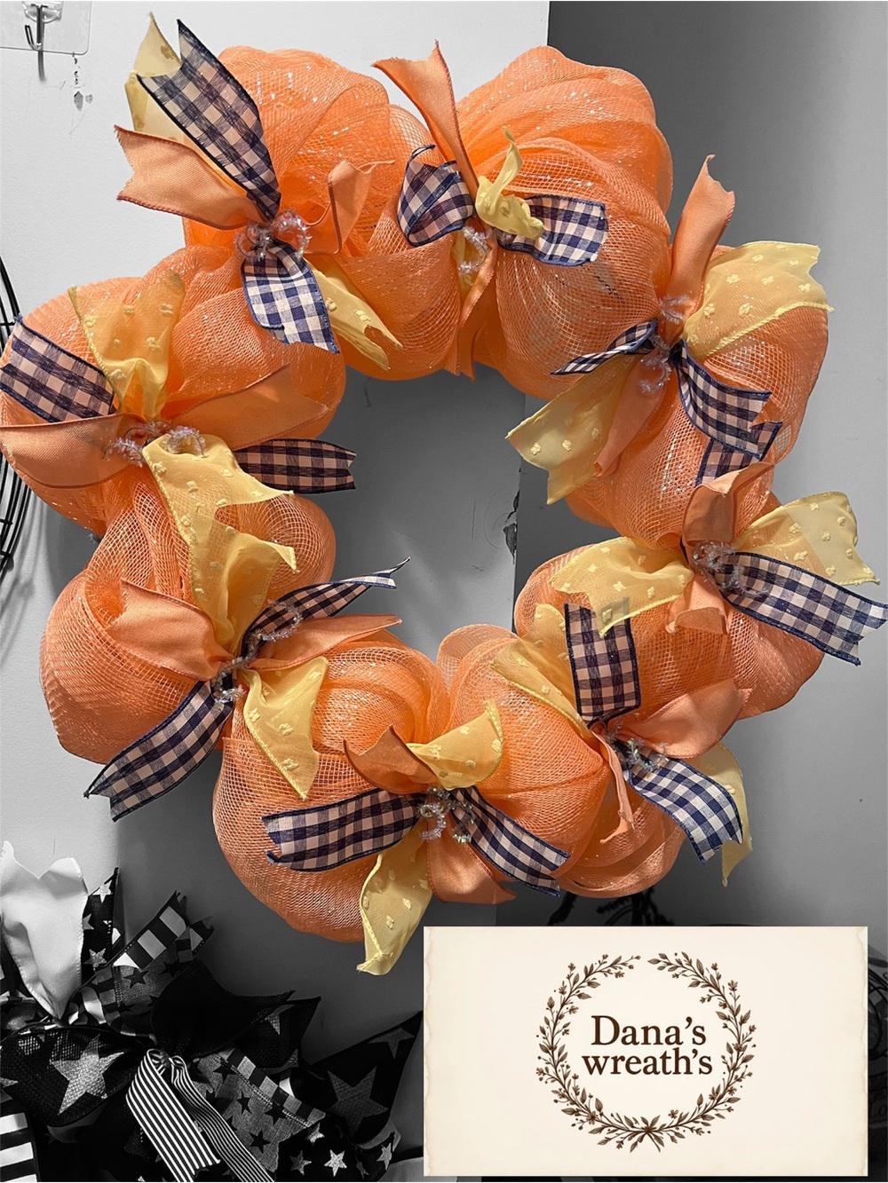 Orange sunmer Mesh  Wreath with Yellow & Navy Bows